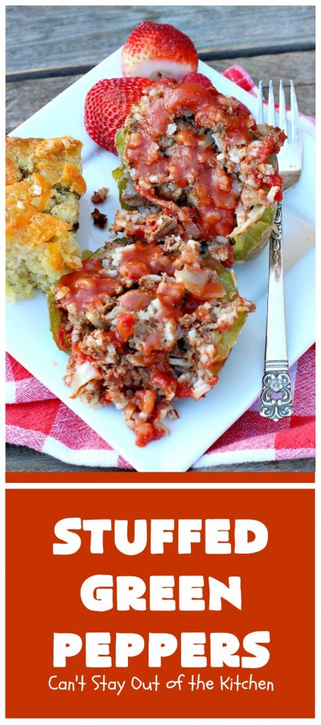 Stuffed Green Peppers | Can't Stay Out of the Kitchen | this delicious vintage #recipe is a family favorite. #BellPeppers are stuffed with #GroundBeef & #rice & covered with #TomatoSauce & a pinch of brown sugar. The slightly sweet & savory taste is so mouthwatering. Delightful comfort food entree. #StuffedGreenPeppers #GlutenFree