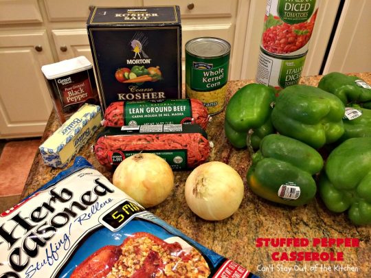 Stuffed Pepper Casserole | Can't Stay Out of the Kitchen | this fantastic #GooseberryPatch #recipe is so delightful. If you enjoyed #StuffedBellPeppers you'll love this #casserole version which uses #HerbStuffingMix instead. Quick & easy to prepare weeknight dinner meal, too. #beef #GroundBeef #BellPeppers #corn #StuffedPepperCasserole