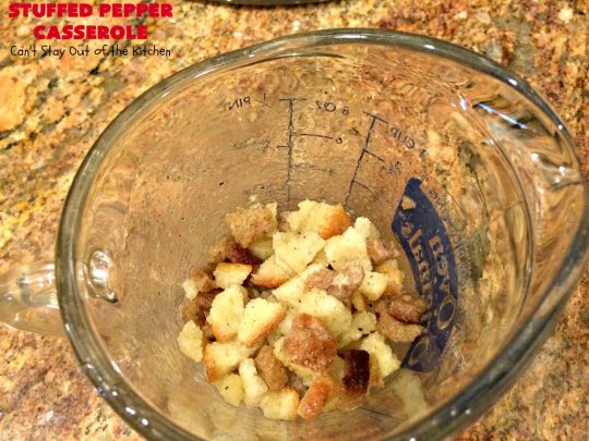 Stuffed Pepper Casserole | Can't Stay Out of the Kitchen | this fantastic #GooseberryPatch #recipe is so delightful. If you enjoyed #StuffedBellPeppers you'll love this #casserole version which uses #HerbStuffingMix instead. Quick & easy to prepare weeknight dinner meal, too. #beef #GroundBeef #BellPeppers #corn #StuffedPepperCasserole