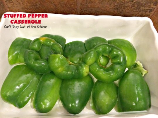 Stuffed Pepper Casserole | Can't Stay Out of the Kitchen | this fantastic #GooseberryPatch #recipe is so delightful. If you enjoyed #StuffedBellPeppers you'll love this #casserole version which uses #HerbStuffingMix instead. Quick & easy to prepare weeknight dinner meal, too. #beef #GroundBeef #BellPeppers #corn #StuffedPepperCasserole
