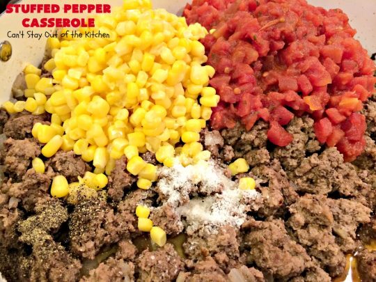 Stuffed Pepper Casserole | Can't Stay Out of the Kitchen | this fantastic #GooseberryPatch #recipe is so delightful. If you enjoyed #StuffedBellPeppers you'll love this #casserole version which uses #HerbStuffingMix instead. Quick & easy to prepare weeknight dinner meal, too. #beef #GroundBeef #BellPeppers #corn #StuffedPepperCasserole