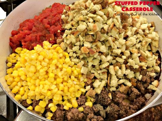 Stuffed Pepper Casserole | Can't Stay Out of the Kitchen | this fantastic #GooseberryPatch #recipe is so delightful. If you enjoyed #StuffedBellPeppers you'll love this #casserole version which uses #HerbStuffingMix instead. Quick & easy to prepare weeknight dinner meal, too. #beef #GroundBeef #BellPeppers #corn #StuffedPepperCasserole