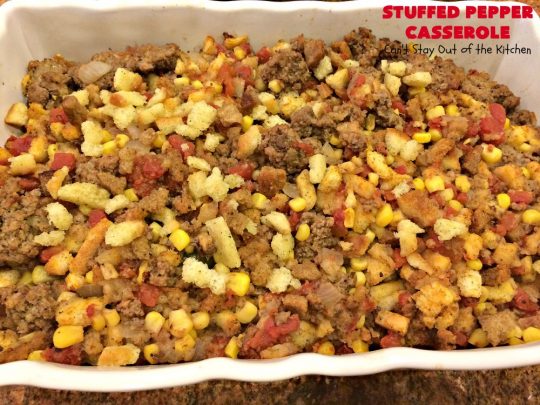 Stuffed Pepper Casserole | Can't Stay Out of the Kitchen | this fantastic #GooseberryPatch #recipe is so delightful. If you enjoyed #StuffedBellPeppers you'll love this #casserole version which uses #HerbStuffingMix instead. Quick & easy to prepare weeknight dinner meal, too. #beef #GroundBeef #BellPeppers #corn #StuffedPepperCasserole