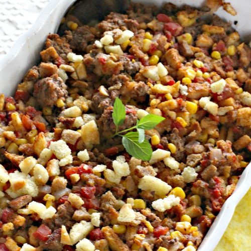 Stuffed Pepper Casserole | Can't Stay Out of the Kitchen | this fantastic #GooseberryPatch #recipe is so delightful. If you enjoyed #StuffedBellPeppers you'll love this #casserole version which uses #HerbStuffingMix instead. Quick & easy to prepare weeknight dinner meal, too. #beef #GroundBeef #BellPeppers #corn #StuffedPepperCasserole