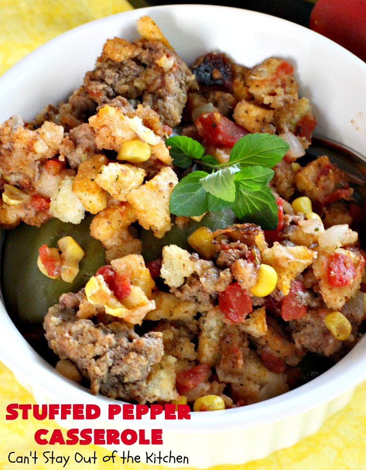 Stuffed Pepper Casserole | Can't Stay Out of the Kitchen | this fantastic #GooseberryPatch #recipe is so delightful. If you enjoyed #StuffedBellPeppers you'll love this #casserole version which uses #HerbStuffingMix instead. Quick & easy to prepare weeknight dinner meal, too. #beef #GroundBeef #BellPeppers #corn #StuffedPepperCasserole