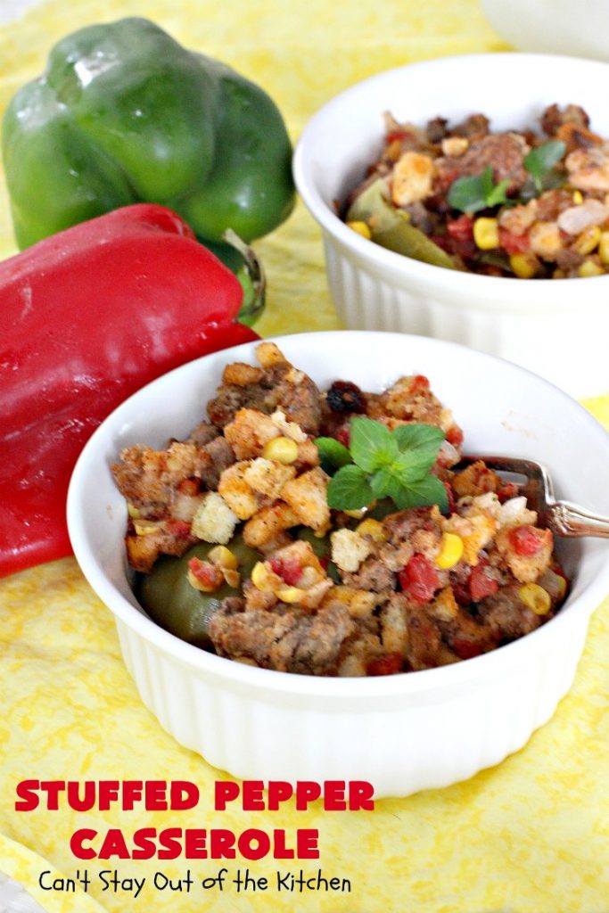 Stuffed Pepper Casserole | Can't Stay Out of the Kitchen | this fantastic #GooseberryPatch #recipe is so delightful. If you enjoyed #StuffedBellPeppers you'll love this #casserole version which uses #HerbStuffingMix instead. Quick & easy to prepare weeknight dinner meal, too. #beef #GroundBeef #BellPeppers #corn #StuffedPepperCasserole