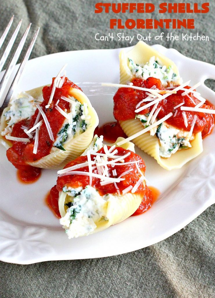 Stuffed Shells Florentine | Can't Stay Out of the Kitchen | We love this fantastic #pasta #recipe. Jumbo shells are stuffed with a #RicottaCheese, #ParmesanCheese  & #spinach filling. Then they're baked with #SpaghettiSauce poured over top. More #parmesan is added before serving. Terrific for company too. #MeatlessMondays #StuffedShells 