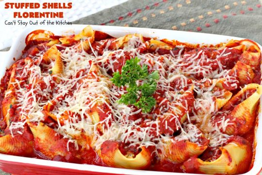 Stuffed Shells Florentine | Can't Stay Out of the Kitchen | We love this fantastic #pasta #recipe. Jumbo shells are stuffed with a #RicottaCheese, #ParmesanCheese  & #spinach filling. Then they're baked with #SpaghettiSauce poured over top. More #parmesan is added before serving. Terrific for company too. #MeatlessMondays #StuffedShells 