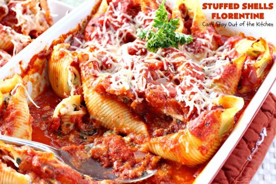 Stuffed Shells Florentine | Can't Stay Out of the Kitchen | We love this fantastic #pasta #recipe. Jumbo shells are stuffed with a #RicottaCheese, #ParmesanCheese  & #spinach filling. Then they're baked with #SpaghettiSauce poured over top. More #parmesan is added before serving. Terrific for company too. #MeatlessMondays #StuffedShells 