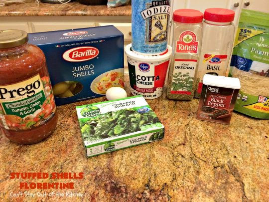 Stuffed Shells Florentine | Can't Stay Out of the Kitchen | We love this fantastic #pasta #recipe. Jumbo shells are stuffed with a #RicottaCheese, #ParmesanCheese  & #spinach filling. Then they're baked with #SpaghettiSauce poured over top. More #parmesan is added before serving. Terrific for company too. #MeatlessMondays #StuffedShells 