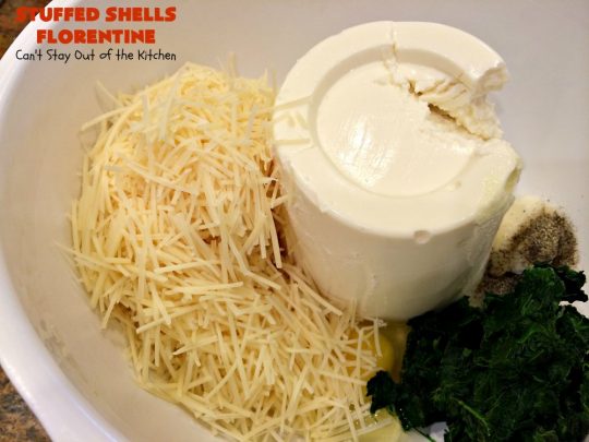 Stuffed Shells Florentine | Can't Stay Out of the Kitchen | We love this fantastic #pasta #recipe. Jumbo shells are stuffed with a #RicottaCheese, #ParmesanCheese  & #spinach filling. Then they're baked with #SpaghettiSauce poured over top. More #parmesan is added before serving. Terrific for company too. #MeatlessMondays #StuffedShells 