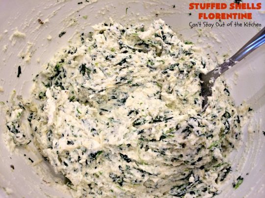 Stuffed Shells Florentine | Can't Stay Out of the Kitchen | We love this fantastic #pasta #recipe. Jumbo shells are stuffed with a #RicottaCheese, #ParmesanCheese  & #spinach filling. Then they're baked with #SpaghettiSauce poured over top. More #parmesan is added before serving. Terrific for company too. #MeatlessMondays #StuffedShells 