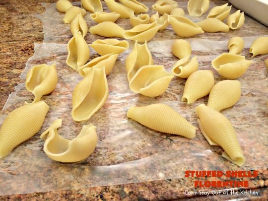 Stuffed Shells Florentine | Can't Stay Out of the Kitchen | We love this fantastic #pasta #recipe. Jumbo shells are stuffed with a #RicottaCheese, #ParmesanCheese  & #spinach filling. Then they're baked with #SpaghettiSauce poured over top. More #parmesan is added before serving. Terrific for company too. #MeatlessMondays #StuffedShells 