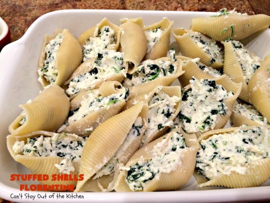 Stuffed Shells Florentine | Can't Stay Out of the Kitchen | We love this fantastic #pasta #recipe. Jumbo shells are stuffed with a #RicottaCheese, #ParmesanCheese  & #spinach filling. Then they're baked with #SpaghettiSauce poured over top. More #parmesan is added before serving. Terrific for company too. #MeatlessMondays #StuffedShells 
