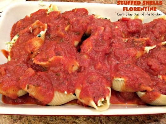 Stuffed Shells Florentine | Can't Stay Out of the Kitchen | We love this fantastic #pasta #recipe. Jumbo shells are stuffed with a #RicottaCheese, #ParmesanCheese  & #spinach filling. Then they're baked with #SpaghettiSauce poured over top. More #parmesan is added before serving. Terrific for company too. #MeatlessMondays #StuffedShells 