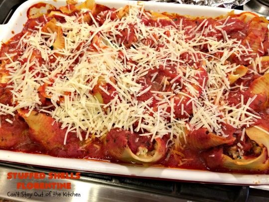 Stuffed Shells Florentine | Can't Stay Out of the Kitchen | We love this fantastic #pasta #recipe. Jumbo shells are stuffed with a #RicottaCheese, #ParmesanCheese  & #spinach filling. Then they're baked with #SpaghettiSauce poured over top. More #parmesan is added before serving. Terrific for company too. #MeatlessMondays #StuffedShells 