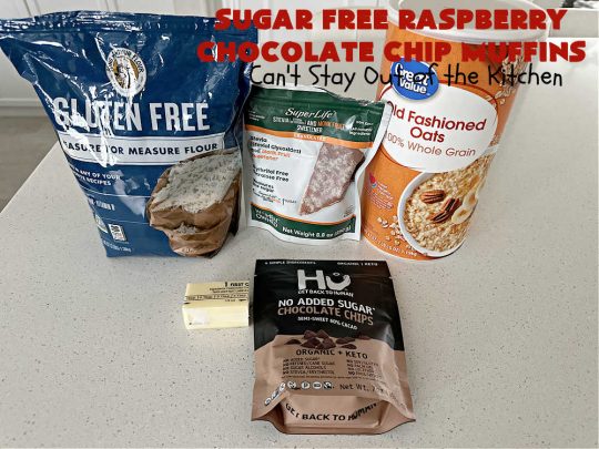 Sugar Free Raspberry Chocolate Chip Muffins | Can't Stay Out of the Kitchen | these delectable #muffins are #SugarFree & #GlutenFree & use #healthy ingredients including #oatmeal #ChocolateChips & #raspberries. Excellent option for #diabetics or those with #Celiac. This #recipe can also be made with regular sugar & flour if you desire. So good for a weekend, company or #holiday #breakfast or #brunch. #SugarFreeRaspberryChocolateChipMuffins