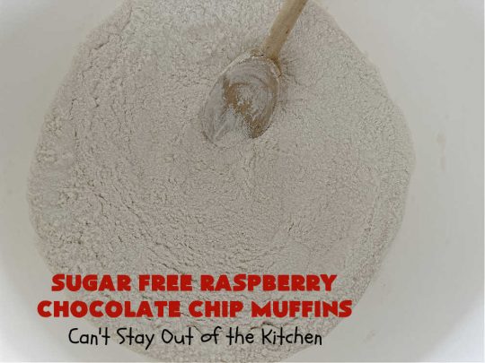 Sugar Free Raspberry Chocolate Chip Muffins | Can't Stay Out of the Kitchen | these delectable #muffins are #SugarFree & #GlutenFree & use #healthy ingredients including #oatmeal #ChocolateChips & #raspberries. Excellent option for #diabetics or those with #Celiac. This #recipe can also be made with regular sugar & flour if you desire. So good for a weekend, company or #holiday #breakfast or #brunch. #SugarFreeRaspberryChocolateChipMuffins