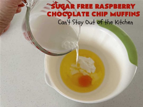 Sugar Free Raspberry Chocolate Chip Muffins | Can't Stay Out of the Kitchen | these delectable #muffins are #SugarFree & #GlutenFree & use #healthy ingredients including #oatmeal #ChocolateChips & #raspberries. Excellent option for #diabetics or those with #Celiac. This #recipe can also be made with regular sugar & flour if you desire. So good for a weekend, company or #holiday #breakfast or #brunch. #SugarFreeRaspberryChocolateChipMuffins