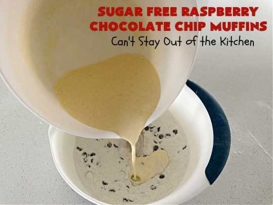Sugar Free Raspberry Chocolate Chip Muffins | Can't Stay Out of the Kitchen | these delectable #muffins are #SugarFree & #GlutenFree & use #healthy ingredients including #oatmeal #ChocolateChips & #raspberries. Excellent option for #diabetics or those with #Celiac. This #recipe can also be made with regular sugar & flour if you desire. So good for a weekend, company or #holiday #breakfast or #brunch. #SugarFreeRaspberryChocolateChipMuffins