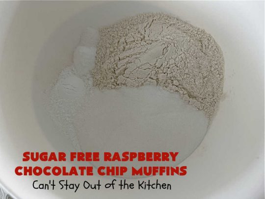Sugar Free Raspberry Chocolate Chip Muffins | Can't Stay Out of the Kitchen | these delectable #muffins are #SugarFree & #GlutenFree & use #healthy ingredients including #oatmeal #ChocolateChips & #raspberries. Excellent option for #diabetics or those with #Celiac. This #recipe can also be made with regular sugar & flour if you desire. So good for a weekend, company or #holiday #breakfast or #brunch. #SugarFreeRaspberryChocolateChipMuffins