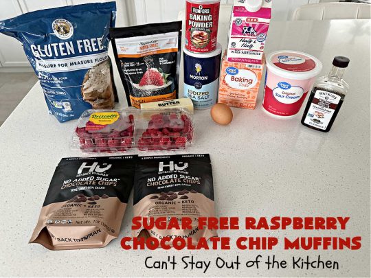 Sugar Free Raspberry Chocolate Chip Muffins | Can't Stay Out of the Kitchen | these delectable #muffins are #SugarFree & #GlutenFree & use #healthy ingredients including #oatmeal #ChocolateChips & #raspberries. Excellent option for #diabetics or those with #Celiac. This #recipe can also be made with regular sugar & flour if you desire. So good for a weekend, company or #holiday #breakfast or #brunch. #SugarFreeRaspberryChocolateChipMuffins
