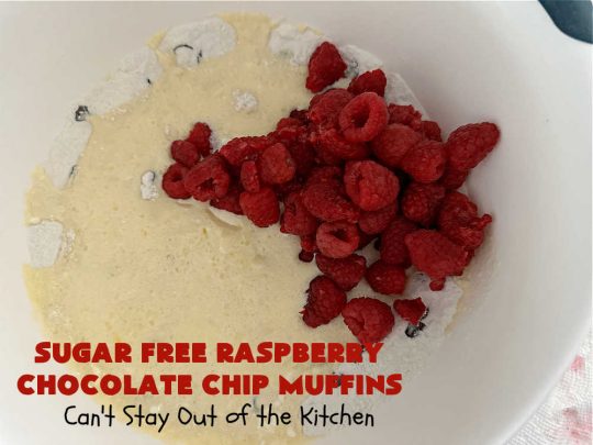 Sugar Free Raspberry Chocolate Chip Muffins | Can't Stay Out of the Kitchen | these delectable #muffins are #SugarFree & #GlutenFree & use #healthy ingredients including #oatmeal #ChocolateChips & #raspberries. Excellent option for #diabetics or those with #Celiac. This #recipe can also be made with regular sugar & flour if you desire. So good for a weekend, company or #holiday #breakfast or #brunch. #SugarFreeRaspberryChocolateChipMuffins
