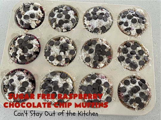 Sugar Free Raspberry Chocolate Chip Muffins | Can't Stay Out of the Kitchen | these delectable #muffins are #SugarFree & #GlutenFree & use #healthy ingredients including #oatmeal #ChocolateChips & #raspberries. Excellent option for #diabetics or those with #Celiac. This #recipe can also be made with regular sugar & flour if you desire. So good for a weekend, company or #holiday #breakfast or #brunch. #SugarFreeRaspberryChocolateChipMuffins
