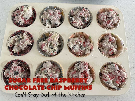 Sugar Free Raspberry Chocolate Chip Muffins | Can't Stay Out of the Kitchen | these delectable #muffins are #SugarFree & #GlutenFree & use #healthy ingredients including #oatmeal #ChocolateChips & #raspberries. Excellent option for #diabetics or those with #Celiac. This #recipe can also be made with regular sugar & flour if you desire. So good for a weekend, company or #holiday #breakfast or #brunch. #SugarFreeRaspberryChocolateChipMuffins