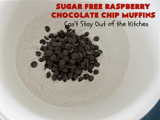Sugar Free Raspberry Chocolate Chip Muffins | Can't Stay Out of the Kitchen | these delectable #muffins are #SugarFree & #GlutenFree & use #healthy ingredients including #oatmeal #ChocolateChips & #raspberries. Excellent option for #diabetics or those with #Celiac. This #recipe can also be made with regular sugar & flour if you desire. So good for a weekend, company or #holiday #breakfast or #brunch. #SugarFreeRaspberryChocolateChipMuffins