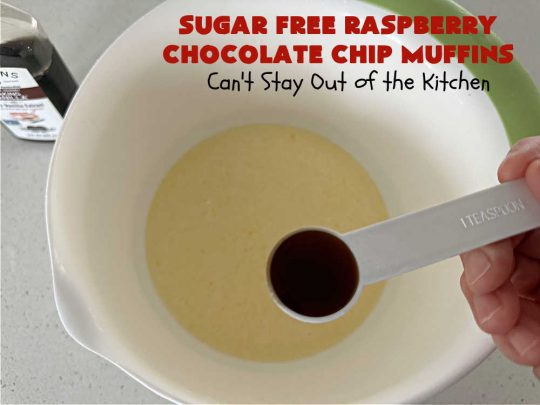 Sugar Free Raspberry Chocolate Chip Muffins | Can't Stay Out of the Kitchen | these delectable #muffins are #SugarFree & #GlutenFree & use #healthy ingredients including #oatmeal #ChocolateChips & #raspberries. Excellent option for #diabetics or those with #Celiac. This #recipe can also be made with regular sugar & flour if you desire. So good for a weekend, company or #holiday #breakfast or #brunch. #SugarFreeRaspberryChocolateChipMuffins