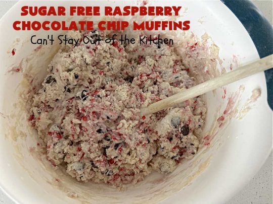 Sugar Free Raspberry Chocolate Chip Muffins | Can't Stay Out of the Kitchen | these delectable #muffins are #SugarFree & #GlutenFree & use #healthy ingredients including #oatmeal #ChocolateChips & #raspberries. Excellent option for #diabetics or those with #Celiac. This #recipe can also be made with regular sugar & flour if you desire. So good for a weekend, company or #holiday #breakfast or #brunch. #SugarFreeRaspberryChocolateChipMuffins