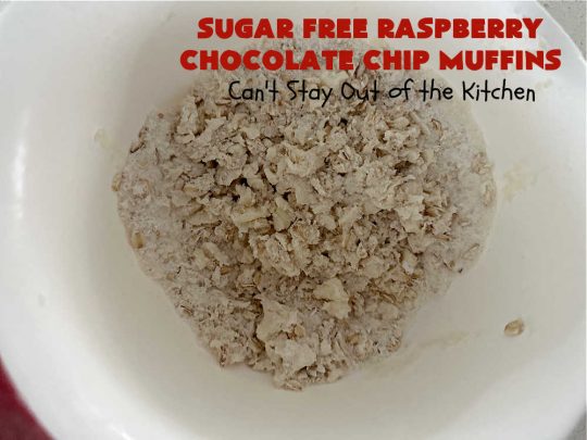 Sugar Free Raspberry Chocolate Chip Muffins | Can't Stay Out of the Kitchen | these delectable #muffins are #SugarFree & #GlutenFree & use #healthy ingredients including #oatmeal #ChocolateChips & #raspberries. Excellent option for #diabetics or those with #Celiac. This #recipe can also be made with regular sugar & flour if you desire. So good for a weekend, company or #holiday #breakfast or #brunch. #SugarFreeRaspberryChocolateChipMuffins