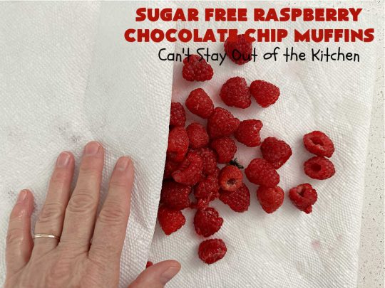 Sugar Free Raspberry Chocolate Chip Muffins | Can't Stay Out of the Kitchen | these delectable #muffins are #SugarFree & #GlutenFree & use #healthy ingredients including #oatmeal #ChocolateChips & #raspberries. Excellent option for #diabetics or those with #Celiac. This #recipe can also be made with regular sugar & flour if you desire. So good for a weekend, company or #holiday #breakfast or #brunch. #SugarFreeRaspberryChocolateChipMuffins