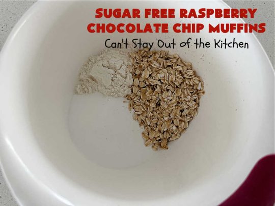 Sugar Free Raspberry Chocolate Chip Muffins | Can't Stay Out of the Kitchen | these delectable #muffins are #SugarFree & #GlutenFree & use #healthy ingredients including #oatmeal #ChocolateChips & #raspberries. Excellent option for #diabetics or those with #Celiac. This #recipe can also be made with regular sugar & flour if you desire. So good for a weekend, company or #holiday #breakfast or #brunch. #SugarFreeRaspberryChocolateChipMuffins