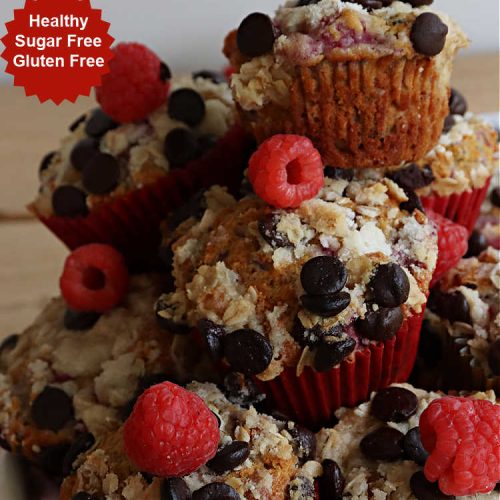 Sugar Free Raspberry Chocolate Chip Muffins | Can't Stay Out of the Kitchen | these delectable #muffins are #SugarFree & #GlutenFree & use #healthy ingredients including #oatmeal #ChocolateChips & #raspberries. Excellent option for #diabetics or those with #Celiac. This #recipe can also be made with regular sugar & flour if you desire. So good for a weekend, company or #holiday #breakfast or #brunch. #SugarFreeRaspberryChocolateChipMuffins