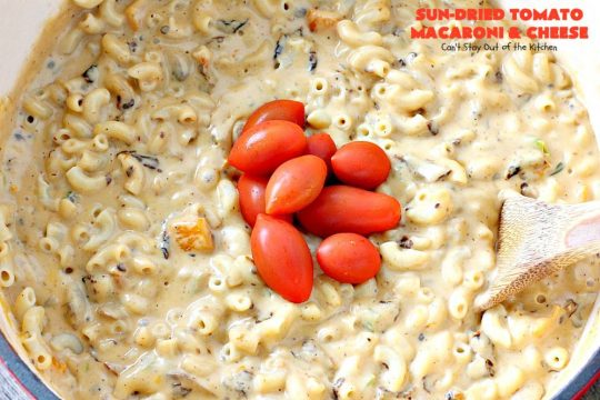 Sun-Dried Tomato Macaroni and Cheese | Can't Stay Out of the Kitchen | this amazing #cheesy #Mac&Cheese recipe adds savory goodness from #mushrooms, bell peppers & #sundriedtomatoes. Great #pasta entree for #MeatlessMondays. I used #glutenfree #macaroni.