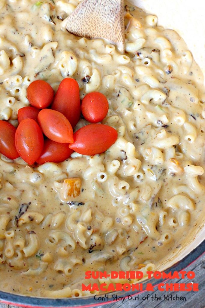 Sun-Dried Tomato Macaroni and Cheese | Can't Stay Out of the Kitchen | this amazing #cheesy #Mac&Cheese recipe adds savory goodness from #mushrooms, bell peppers & #sundriedtomatoes. Great #pasta entree for #MeatlessMondays. I used #glutenfree #macaroni.