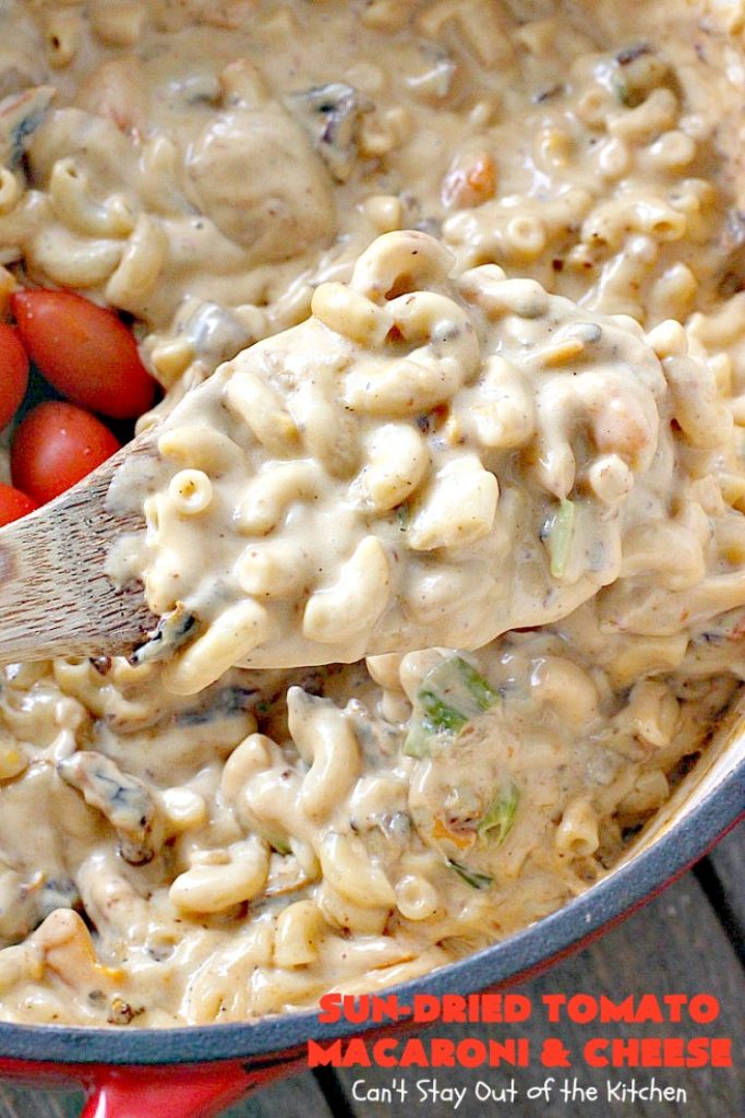 Sun-Dried Tomato Macaroni and Cheese | Can't Stay Out of the Kitchen | this amazing #cheesy #Mac&Cheese recipe adds savory goodness from #mushrooms, bell peppers & #sundriedtomatoes. Great #pasta entree for #MeatlessMondays. I used #glutenfree #macaroni.