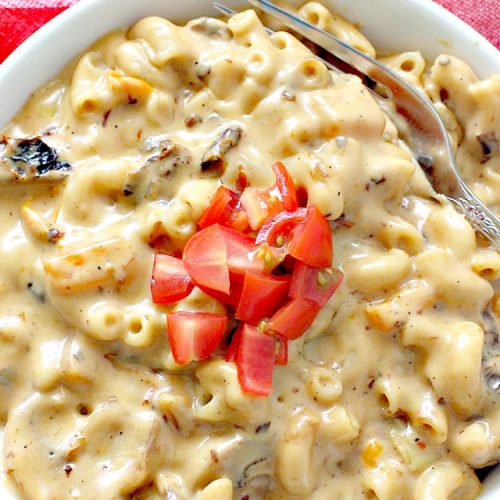Sun-Dried Tomato Macaroni and Cheese | Can't Stay Out of the Kitchen | this amazing #cheesy #Mac&Cheese recipe adds savory goodness from #mushrooms, bell peppers & #sundriedtomatoes. Great #pasta entree for #MeatlessMondays. I used #glutenfree #macaroni.