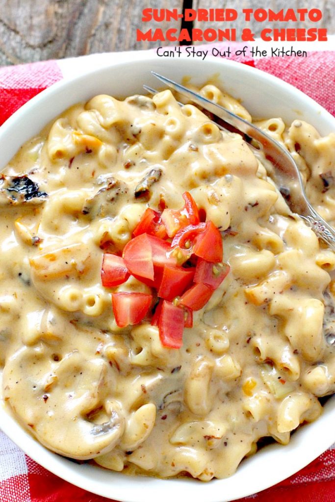 Sun-Dried Tomato Macaroni and Cheese | Can't Stay Out of the Kitchen | this amazing #cheesy #Mac&Cheese recipe adds savory goodness from #mushrooms, bell peppers & #sundriedtomatoes. Great #pasta entree for #MeatlessMondays. I used #glutenfree #macaroni.