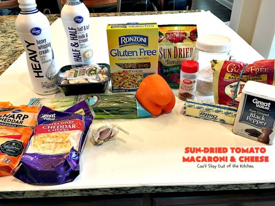 Sun-Dried Tomato Macaroni and Cheese | Can't Stay Out of the Kitchen | this amazing #cheesy #Mac&Cheese recipe adds savory goodness from #mushrooms, bell peppers & #sundriedtomatoes. Great #pasta entree for #MeatlessMondays. I used #glutenfree #macaroni.