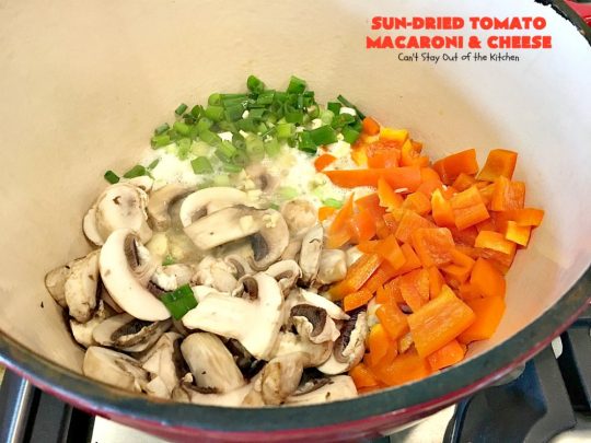 Sun-Dried Tomato Macaroni and Cheese | Can't Stay Out of the Kitchen | this amazing #cheesy #Mac&Cheese recipe adds savory goodness from #mushrooms, bell peppers & #sundriedtomatoes. Great #pasta entree for #MeatlessMondays. I used #glutenfree #macaroni.
