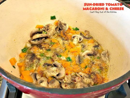 Sun-Dried Tomato Macaroni and Cheese | Can't Stay Out of the Kitchen | this amazing #cheesy #Mac&Cheese recipe adds savory goodness from #mushrooms, bell peppers & #sundriedtomatoes. Great #pasta entree for #MeatlessMondays. I used #glutenfree #macaroni.