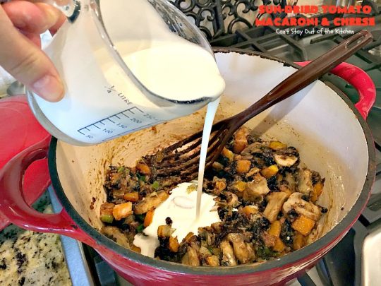 Sun-Dried Tomato Macaroni and Cheese | Can't Stay Out of the Kitchen | this amazing #cheesy #Mac&Cheese recipe adds savory goodness from #mushrooms, bell peppers & #sundriedtomatoes. Great #pasta entree for #MeatlessMondays. I used #glutenfree #macaroni.