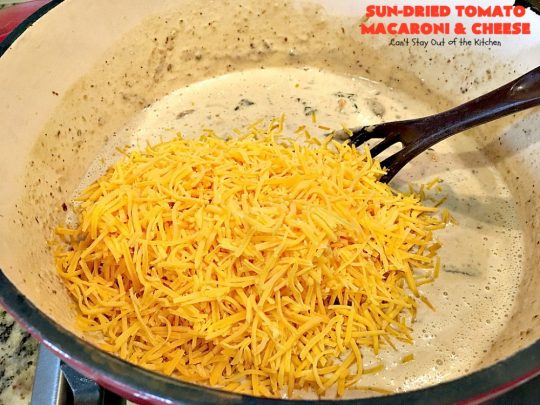 Sun-Dried Tomato Macaroni and Cheese | Can't Stay Out of the Kitchen | this amazing #cheesy #Mac&Cheese recipe adds savory goodness from #mushrooms, bell peppers & #sundriedtomatoes. Great #pasta entree for #MeatlessMondays. I used #glutenfree #macaroni.