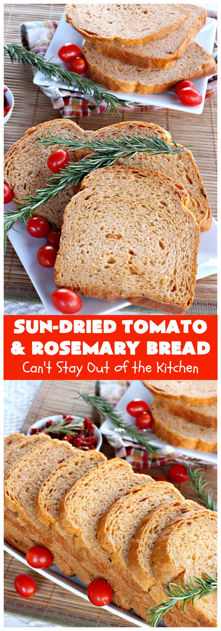 Sun-Dried Tomato and Rosemary Bread | Can't Stay Out of the Kitchen | this amazing #HomemadeBread #recipe is so easy since it's made in the #Breadmaker. It uses #SunDriedTomatoes & has a little pop from #rosemary & paprika. Delicious as a dinner #bread or for #breakfast. #BreadmakerBread #SunDriedTomatoAndRosemaryBread
