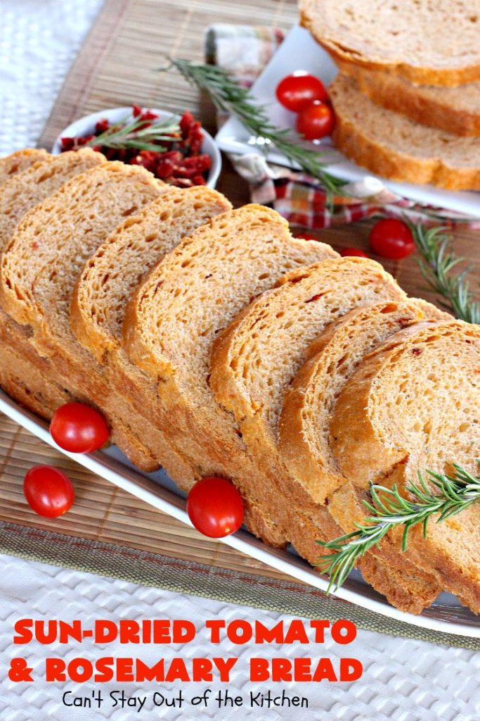 Sun-Dried Tomato and Rosemary Bread | Can't Stay Out of the Kitchen | this amazing #HomemadeBread #recipe is so easy since it's made in the #Breadmaker. It uses #SunDriedTomatoes & has a little pop from #rosemary & paprika. Delicious as a dinner #bread or for #breakfast. #BreadmakerBread #SunDriedTomatoAndRosemaryBread