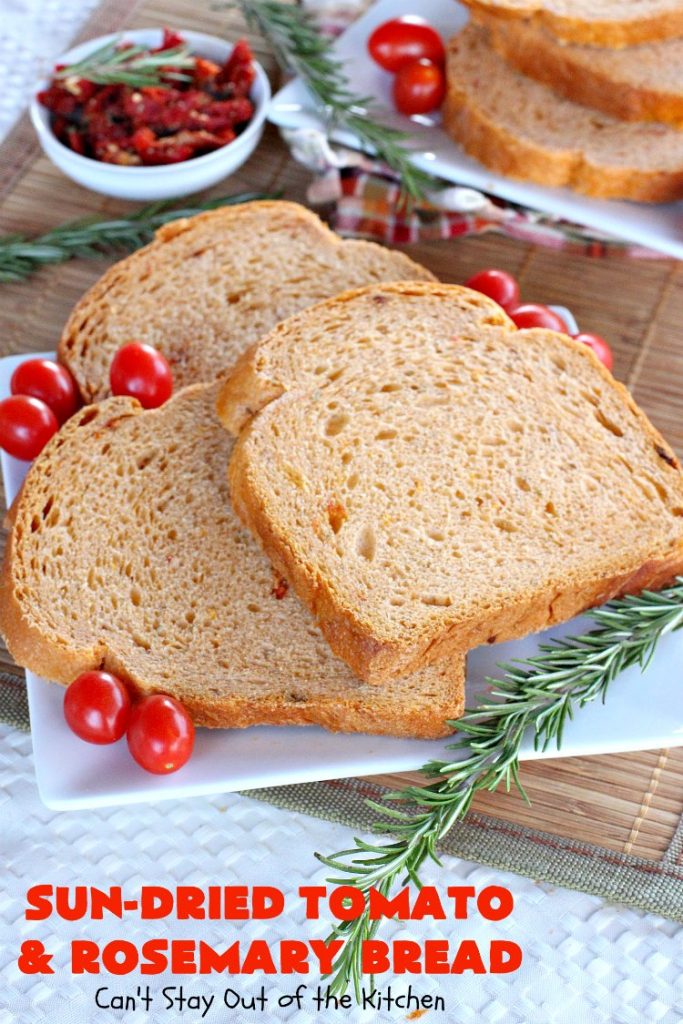 Sun-Dried Tomato and Rosemary Bread | Can't Stay Out of the Kitchen | this amazing #HomemadeBread #recipe is so easy since it's made in the #Breadmaker. It uses #SunDriedTomatoes & has a little pop from #rosemary & paprika. Delicious as a dinner #bread or for #breakfast. #BreadmakerBread #SunDriedTomatoAndRosemaryBread