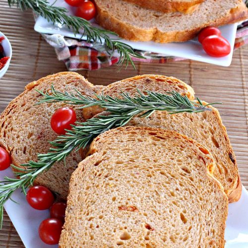Sun-Dried Tomato and Rosemary Bread | Can't Stay Out of the Kitchen | this amazing #HomemadeBread #recipe is so easy since it's made in the #Breadmaker. It uses #SunDriedTomatoes & has a little pop from #rosemary & paprika. Delicious as a dinner #bread or for #breakfast. #BreadmakerBread #SunDriedTomatoAndRosemaryBread